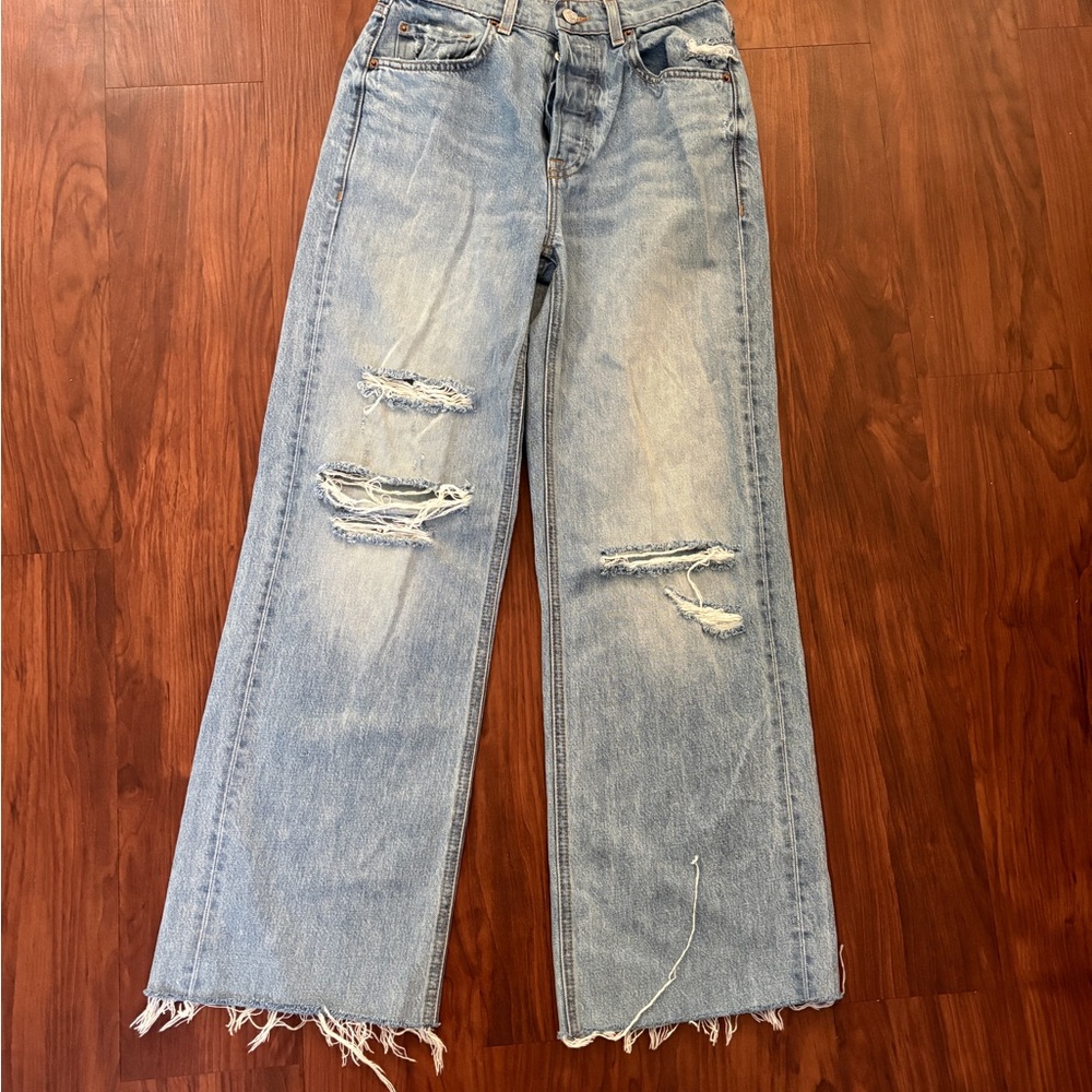 GRLFRND Light Blue Distressed Flare Jeans